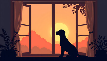 Minimalistic silhouette of a dog by the window against the sunset: a symbol of tranquility and the eternal bond between pet and owner, evoking warm feelings