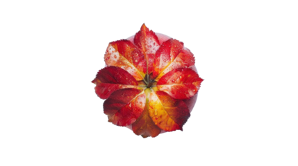 Red apple covered with colorful autumn leaves on transparent background