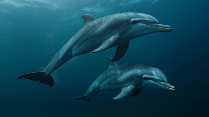 Obraz premium Two Graceful Dolphins Swimming Together in a Deep Blue Ocean.