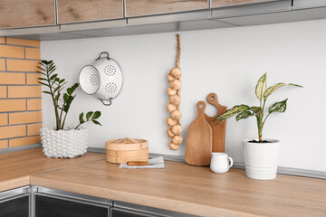 Houseplants and cutting boards on table in kitchen