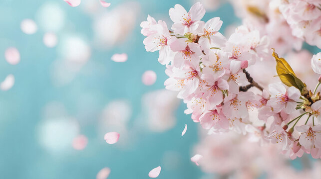Spring Theme, Breathtaking cherry blossoms in soft pink hues against serene blue background