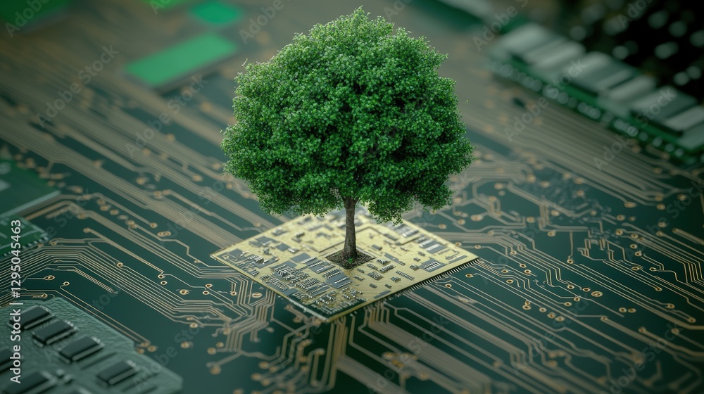 Poster tree growing on a circuit board representing technology and nature intersection