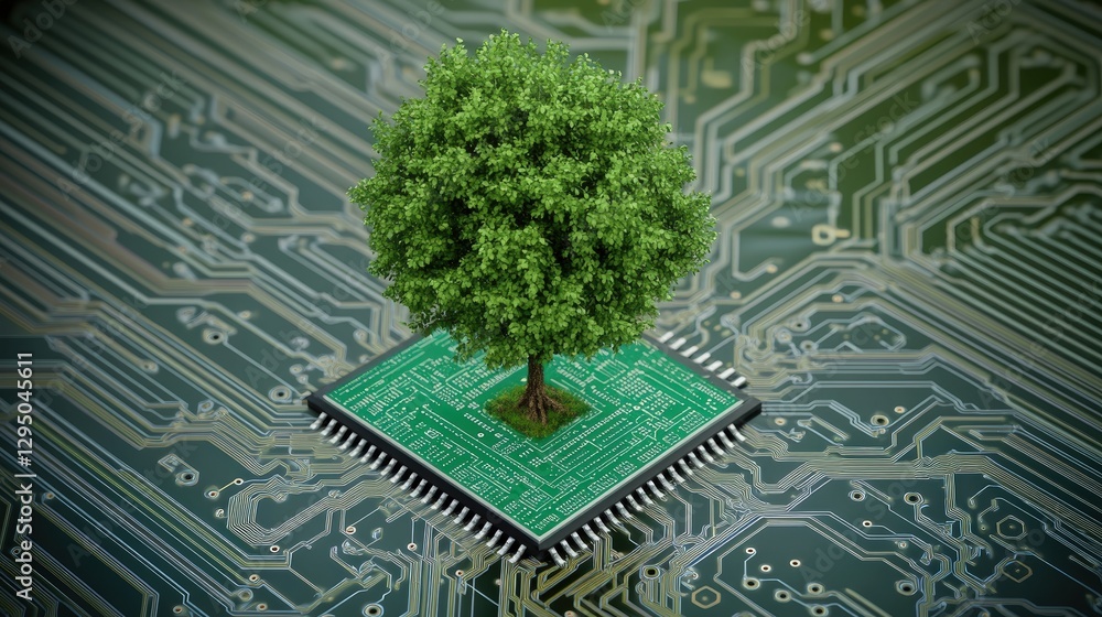 Poster tree growing on a circuit board illustrating nature and technology connection