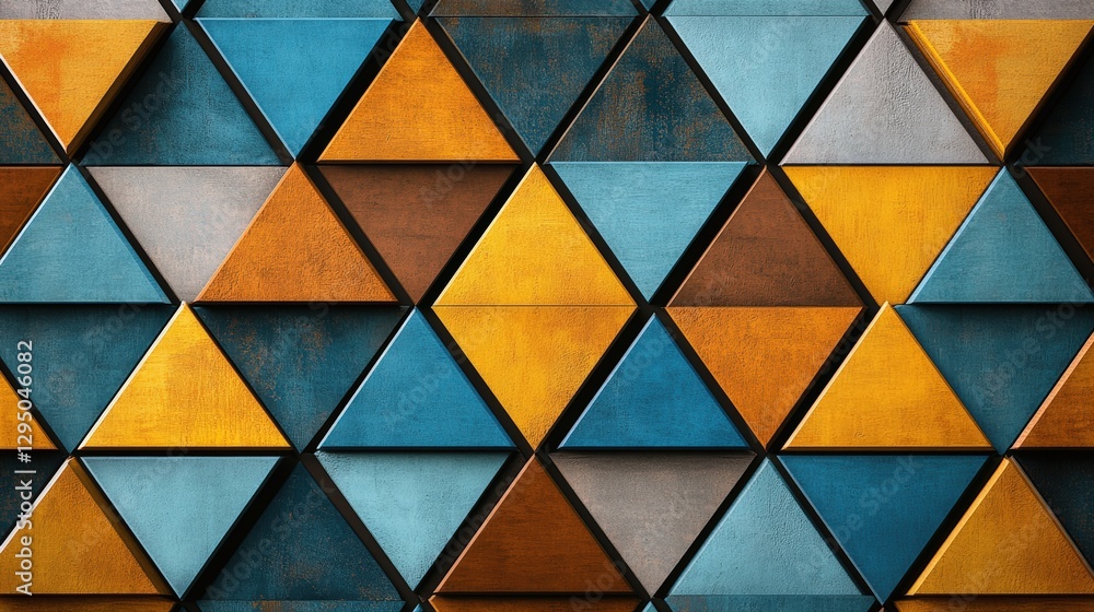 Poster colorful triangular patterns on a wall creating an abstract design with diverse hues and shapes