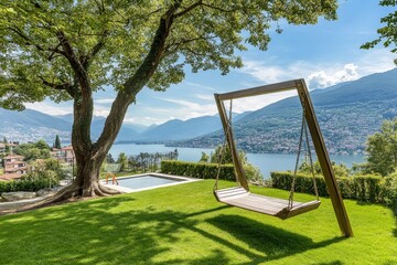 Obraz premium Springtime Garden with Wooden Swing and Lake Como View Near Cernobbio