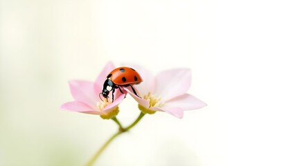 Fototapeta premium Bright Red Ladybird on a Delicate Flower Against a White Background