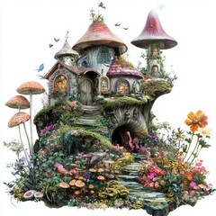 Obraz premium Enchanted whimsical mushroom house surrounded by colorful flora and magical woodland creatures in a picturesque landscape