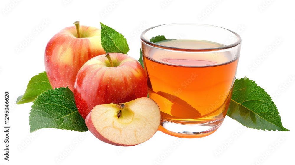 Poster glass of apple juice with fresh red apples and apple slice on transparent background
