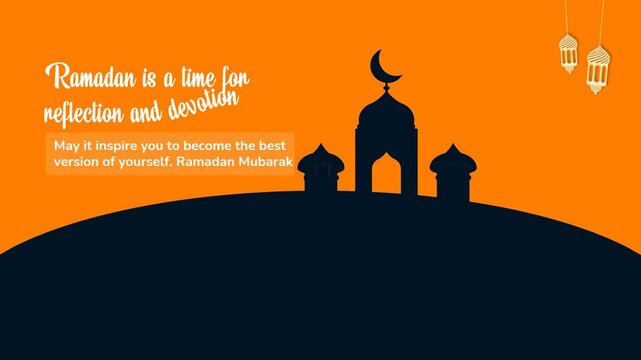 Animation of Happy Ramadhan Kareem greetings. Arabic calligraphy, lantern and mosque silhouette. Welcome Ramadan. Ramadan Mubarak. Marhaban ya Ramadhan