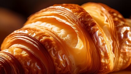 Extreme close-up of a croissant’s flaky layers, with rich buttery tones catching the light, showcasing its delicate texture and golden crispness.
