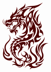 Fototapeta premium Tribal Dragon Illustration with Fiery Flame-Like Patterns in Bold Red – Mythical and Fierce Tattoo Design