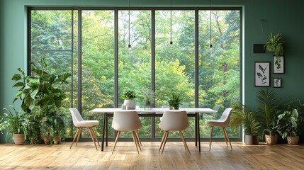 Modern Scandinavian Dining Room with Green Walls and Panoramic Windows