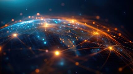 Globe with connected lines and dots representing global communication and networking concepts