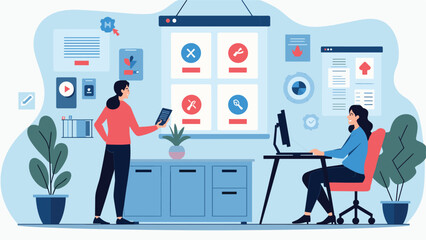 Two women collaborating in a modern office environment together