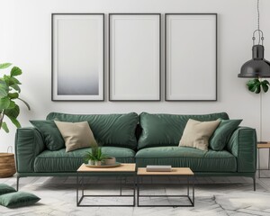 Modern living room with green sofa. three framed pictures and coffee table