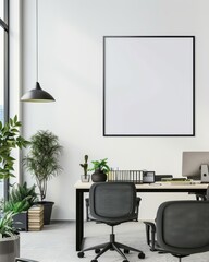 Modern office interior with a minimalist desk. two chairs. a large frame. and a window overlooking a city