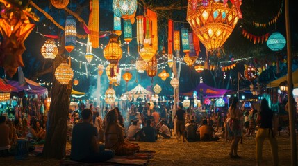 Obraz premium Vibrant night festival scene with colorful lanterns, people enjoying festivities, and a lively atmosphere