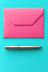 Pink Envelope and Silver Pen on Turquoise Background