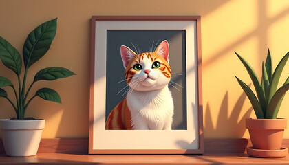 A portrait of a ginger cat in a beautiful frame surrounded by green indoor plants emphasizes the uniqueness and character of the pet