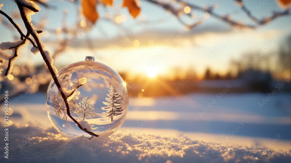 Poster snow globe ornament hanging on a tree branch in winter scenery with snowflakes and blurred backgroun
