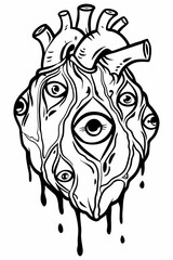 Obraz premium Surreal Melting Anatomical Heart with Multiple Eyes and Dripping Ink in Black and White – Gothic Horror Illustration