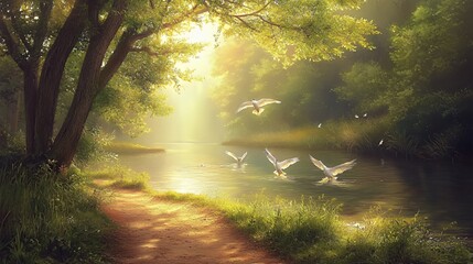 Obraz premium Birds Flying Over Calm River in Sunlit Forest