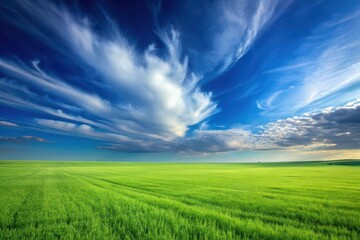 Obraz premium Serene vista of a verdant field extending to the horizon beneath a breathtaking canvas of dynamic clouds and a vibrant blue sky.