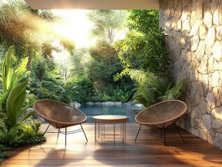 Modern Boho Terrace with Rattan Chairs and Outdoor Table, Luxurious Cape Town Home Overlooking Garden and Pool