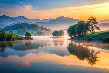 Fototapeta premium Serene Sunrise over Misty Lake and Rolling Hills, Reflecting Golden Light in Still Waters