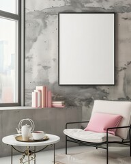 Modern living room with a white armchair. a coffee table with a teapot and cup. and a large blank frame hanging on the wall