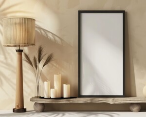 Mockup of a blank poster frame on a wooden shelf with candles and dried flowers