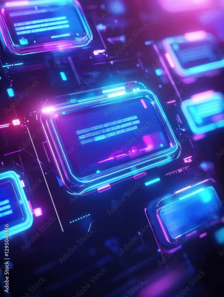 Fototapete Floating message bubbles with glowing notifications in a social media chat interface at night. Generative AI