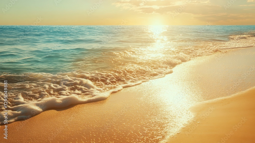Poster a picturesque view of a beach featuring gentle waves rolling in towards the golden shore, creating f