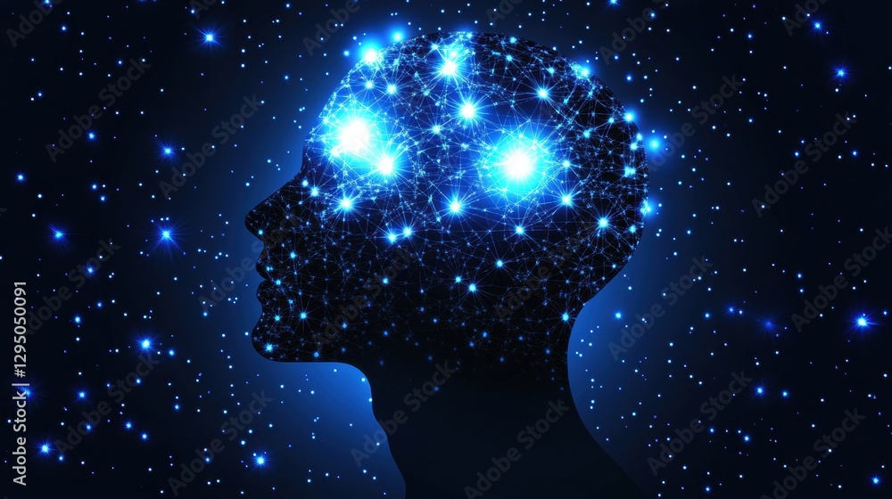 Poster Glowing interconnected AI nodes fill human head silhouette against cosmic cyberpunk backdrop. Generative AI