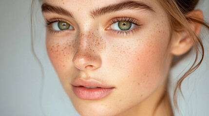 Fototapeta premium A closeup studio portrait of a beautiful young woman with open brunette hair, green eyes, and a serious expression. Her skin is smooth, and her clavicle and shoulder are visible against a blurred back