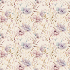 A seamless pattern with delicate watercolor flowers in pastel colors creating a light and romantic atmosphere