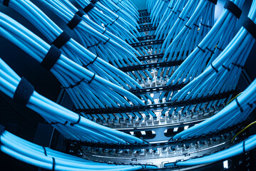 Network Cables Connected in Data Center Rack with Blue Highlighter