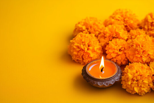 Traditional Diwali diya oil lamp with orange marigold flowers on a festive yellow background