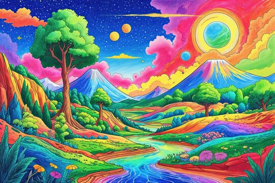 Vibrant Retro Psychedelic Crayon Art Landscape