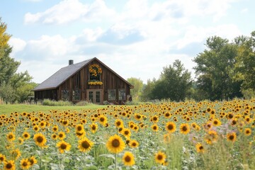 Rustic Wooden House Amidst a Vibrant Sunflower Field under a Sunny Sky