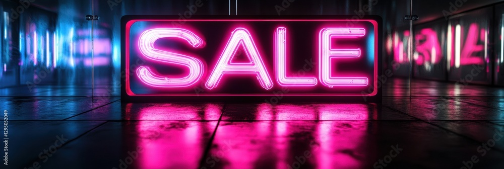 Poster exciting sale event with glowing signage attracting shoppers during evening hours. generative ai