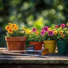 Obraz premium A rustic wooden table is adorned with numerous colorful pots of vibrant flowers and various gardening tools.