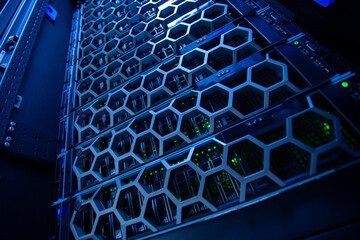 Hexagonal Pattern in Data Center Server Rack with Blue Lighting