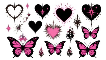 Obraz premium Collection of Butterfly and Heart Designs in Black and Pink Graphics