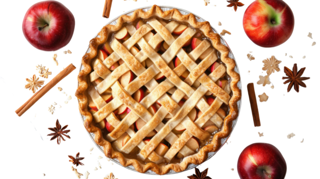 Delicious homemade apple pie decorated with cinnamon, anise and apples on transparent background