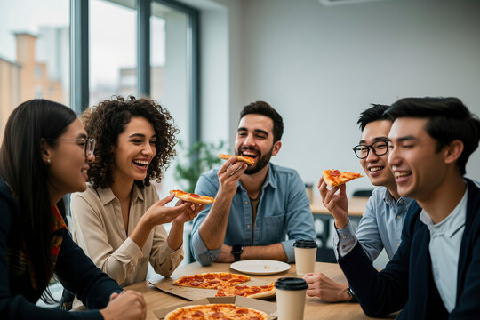 Happy Coworkers Enjoying Delicious Pizza Lunch Together at Office. Team Building, Fun, and Delicious Food!