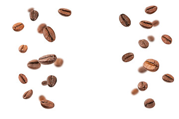 Falling roasted coffee beans coffee beans on white background