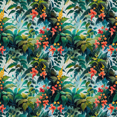 Seamless intricate tropical pattern with red flowers and green jungle leaves conveying an exotic mood