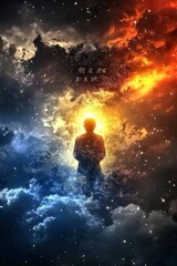 Fototapeta premium Silhouette of a Person Contemplating the Cosmos A Surreal Celestial Scene