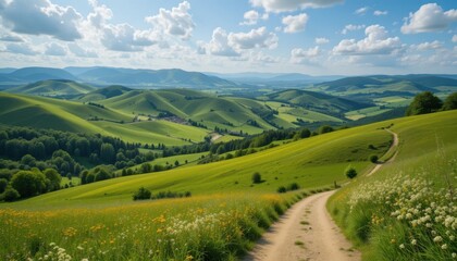 Obraz premium Serene Hilltop Vista: A Breathtaking Panoramic View of Rolling Green Hills and a Winding Country Road